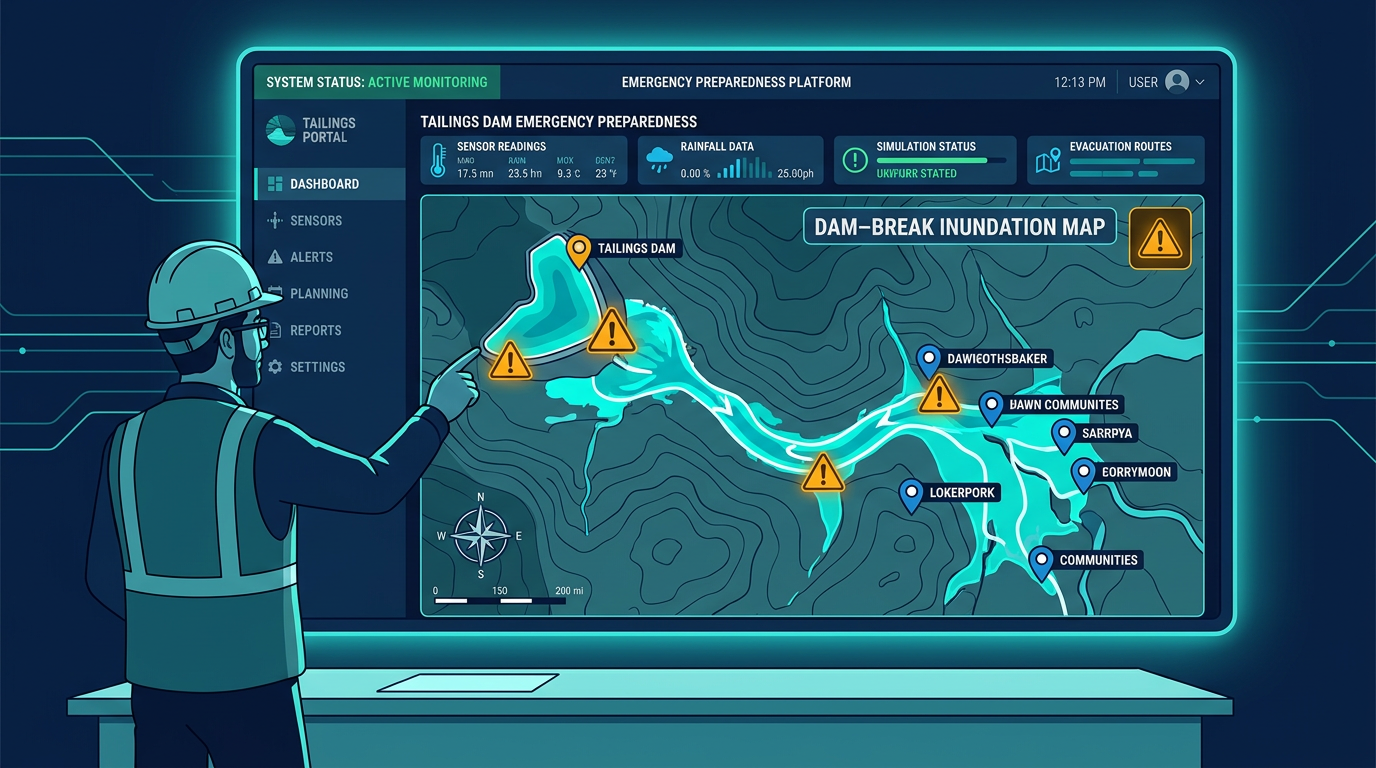 Engineer reviewing dam-break inundation map on a dashboard